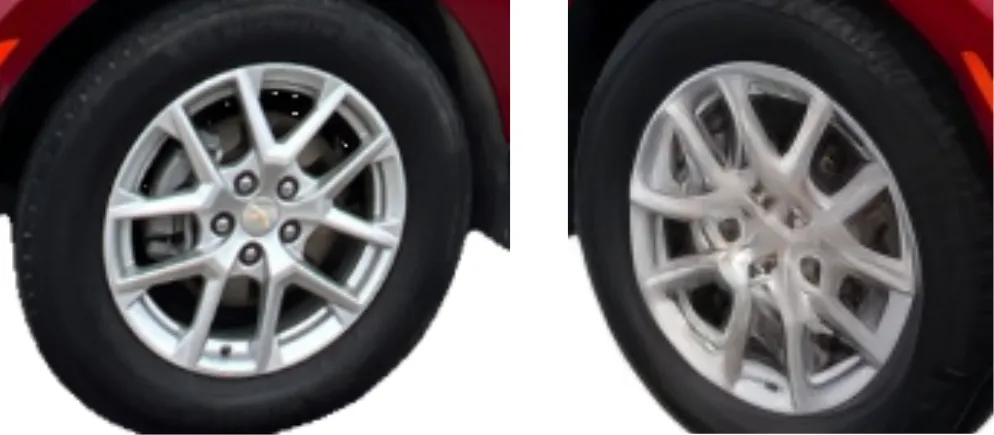 Tyre in the original reference view vs the generated view