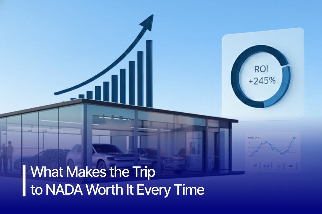 Automotive dealership visual showing rising performance metrics and ROI analytics tied to NADA 2026 outcomes